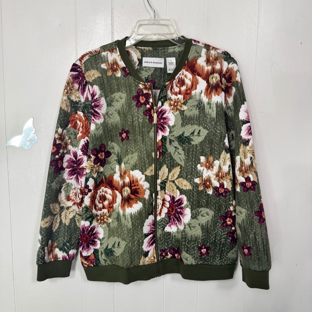 Alfred Dunner Womens Floral Quilted Bomber Jacket Olive Green Size 14 Full Zip